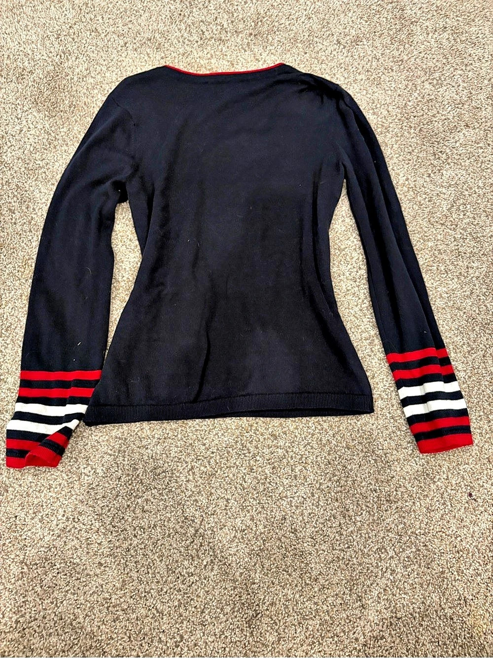Tommy Hilfiger Striped Sleeve V-Neck Sweater Black & Red Small